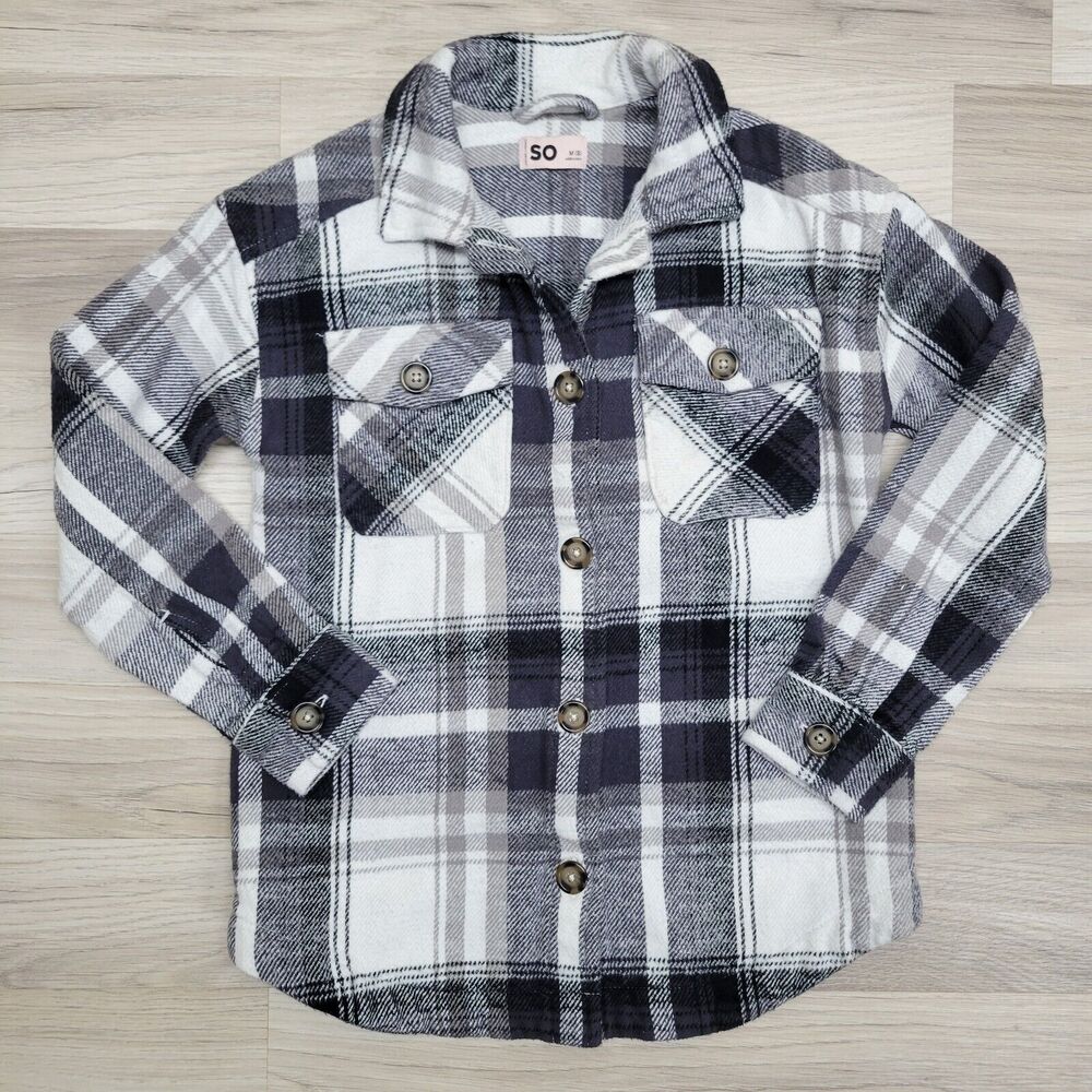 So Boys White Black Plaid Thick Flannel Button Down Shirt Shacket Size 8